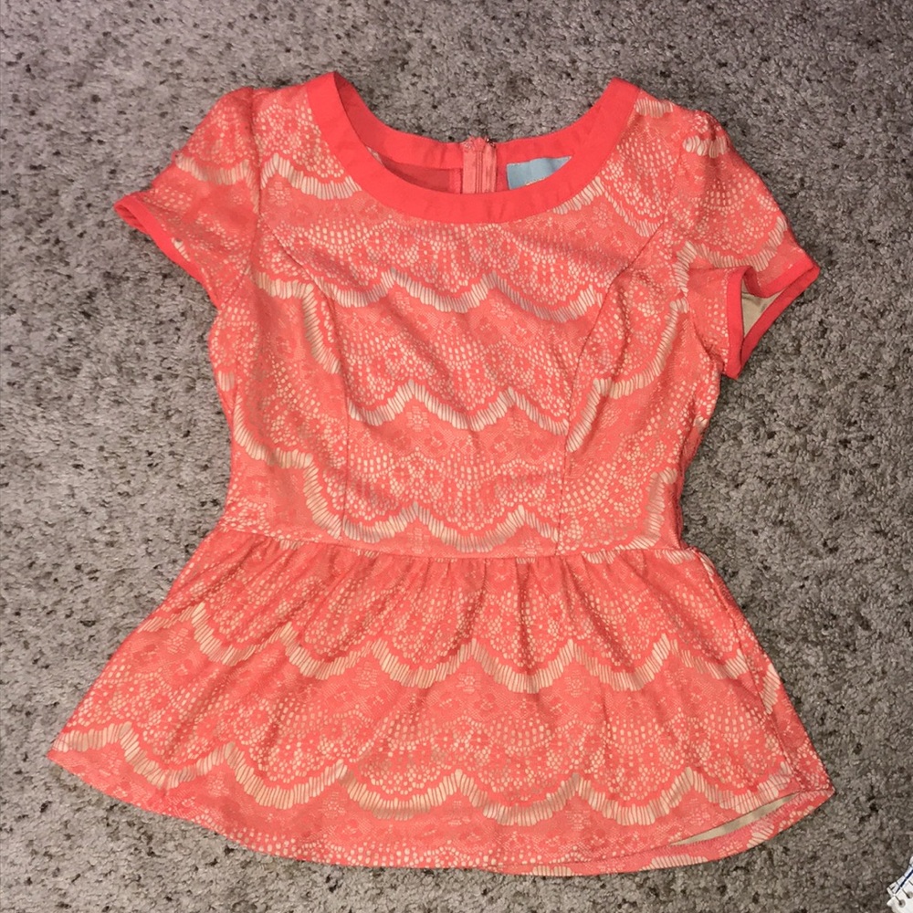Anthropologie Skies Are Blue Orange Lace Peplum Top EUC Small